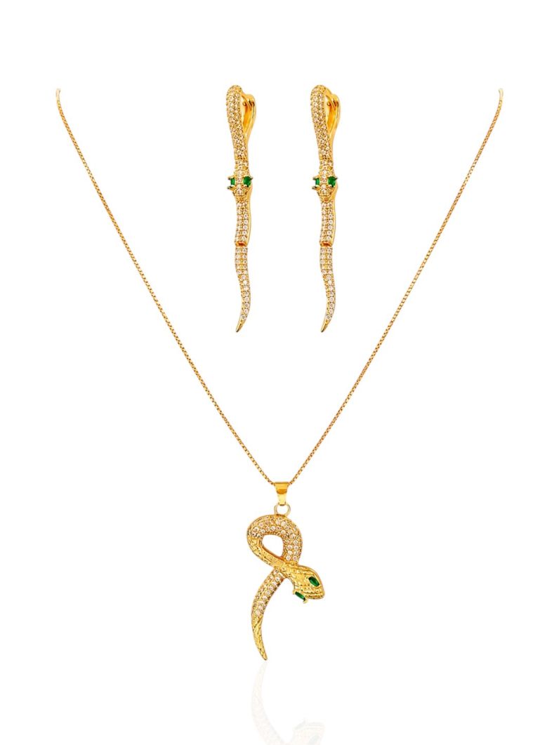 Conjunto Colar e Brinco Folheado a Ouro 18k e Prata Serpente Cravejado