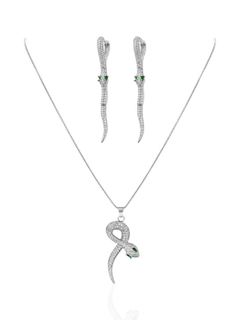 Conjunto Colar e Brinco Folheado a Ouro 18k e Prata Serpente Cravejado