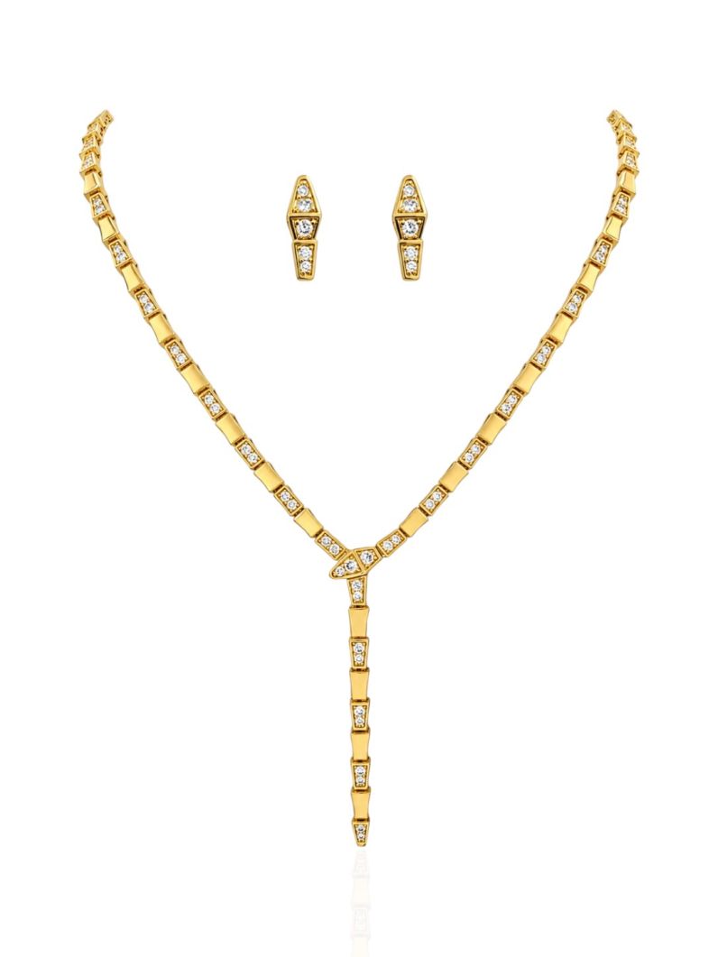 Conjunto Colar e Brinco Folheado a Ouro 18k e Prata Serpente Cravejado