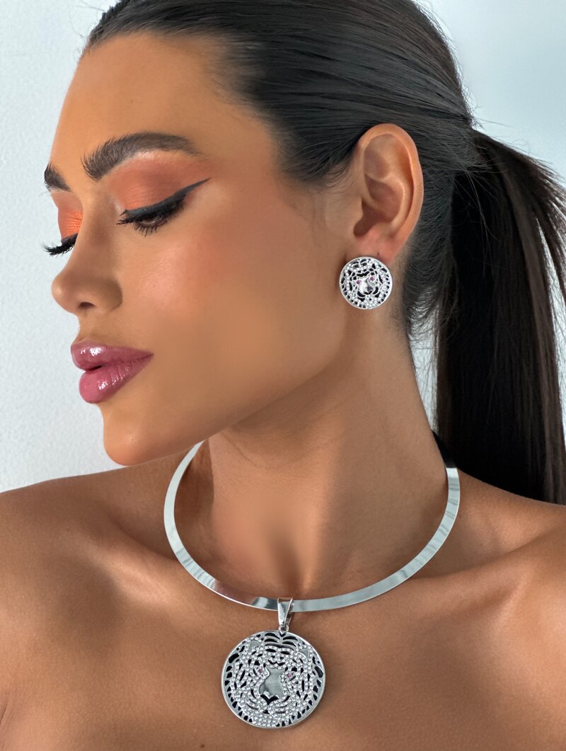 Conjunto Colar e Brinco Folheado a Ouro 18k e Prata Tigre com Micro Zircônias