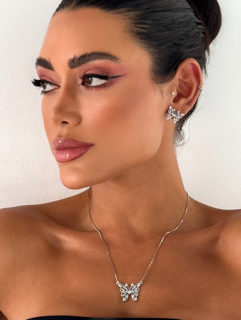 Conjunto Colar e Brinco Folheado a Ouro 18k e Prata Veneziana com Borboleta de Zircônias