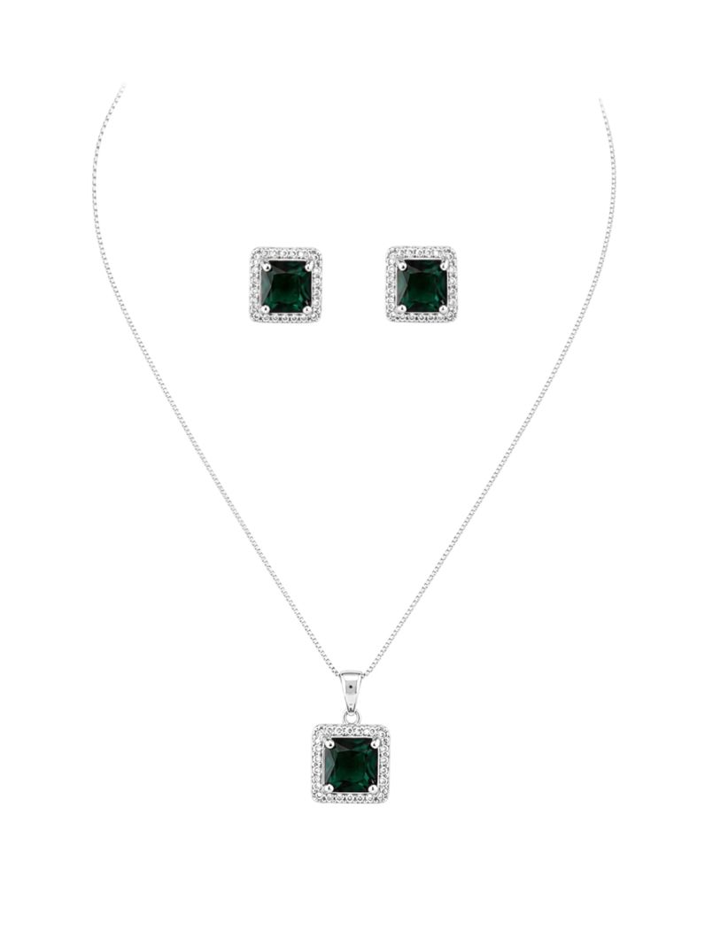 Conjunto Colar e Brinco Folheado a Ouro 18k e Prata Veneziana Com Quadrado Cristal Colorido