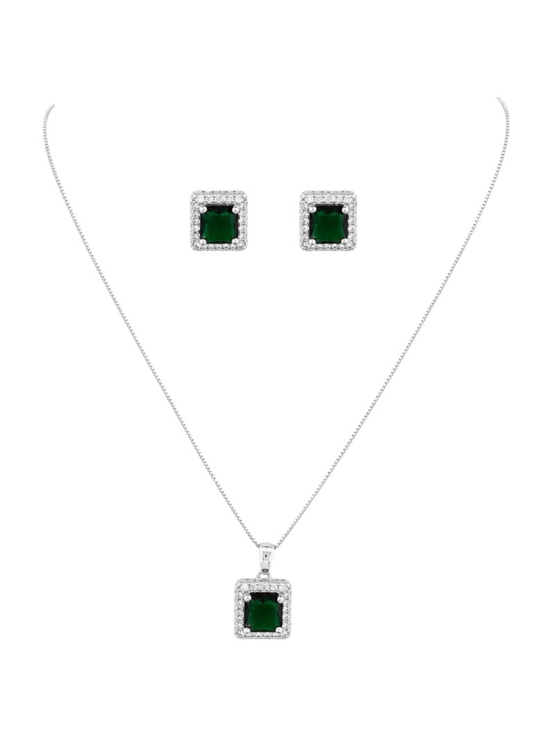 Conjunto Colar e Brinco Folheado a Ouro 18k e Prata Veneziana Com Quadrado Cristal Colorido