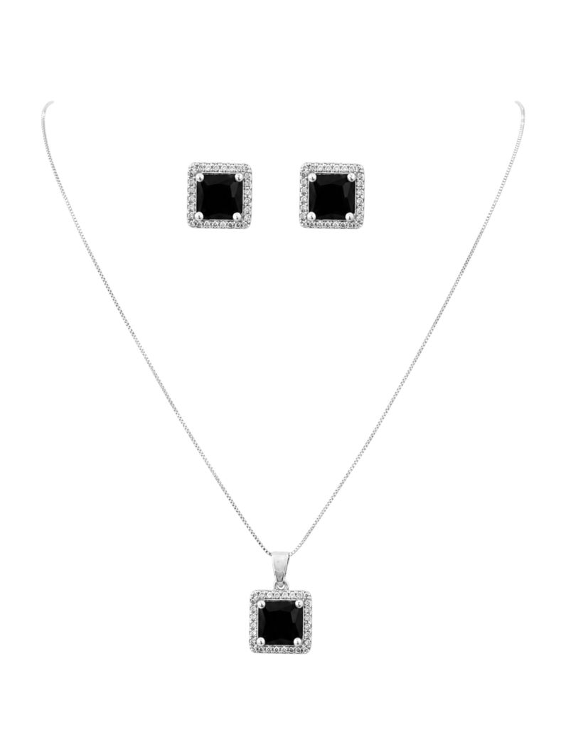 Conjunto Colar e Brinco Folheado a Ouro 18k e Prata Veneziana Com Quadrado Cristal Colorido