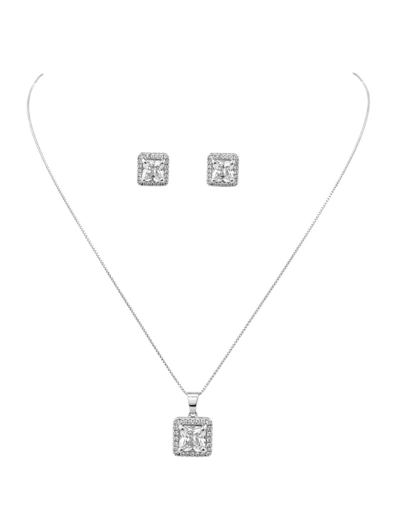Conjunto Colar e Brinco Folheado a Ouro 18k e Prata Veneziana Com Quadrado Cristal Colorido