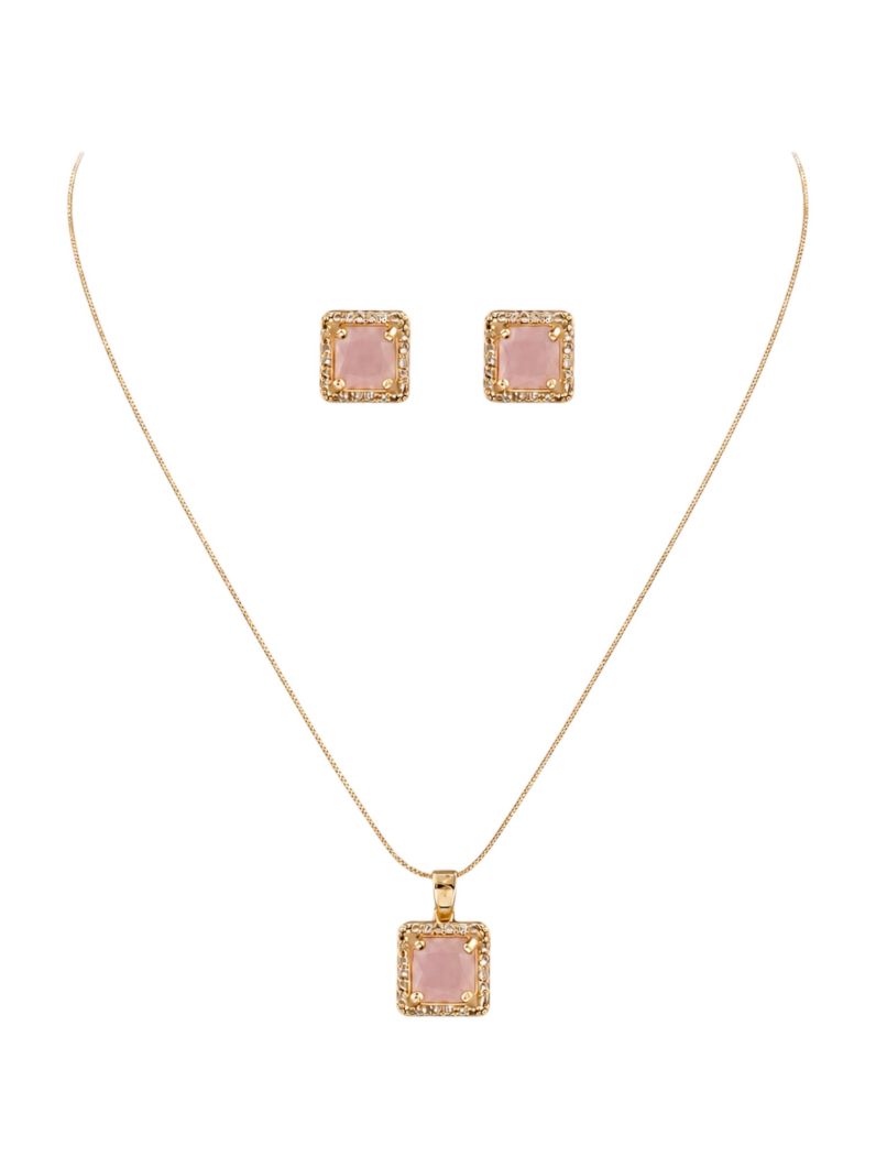 Conjunto Colar e Brinco Folheado a Ouro 18k e Prata Veneziana Com Quadrado Cristal Colorido