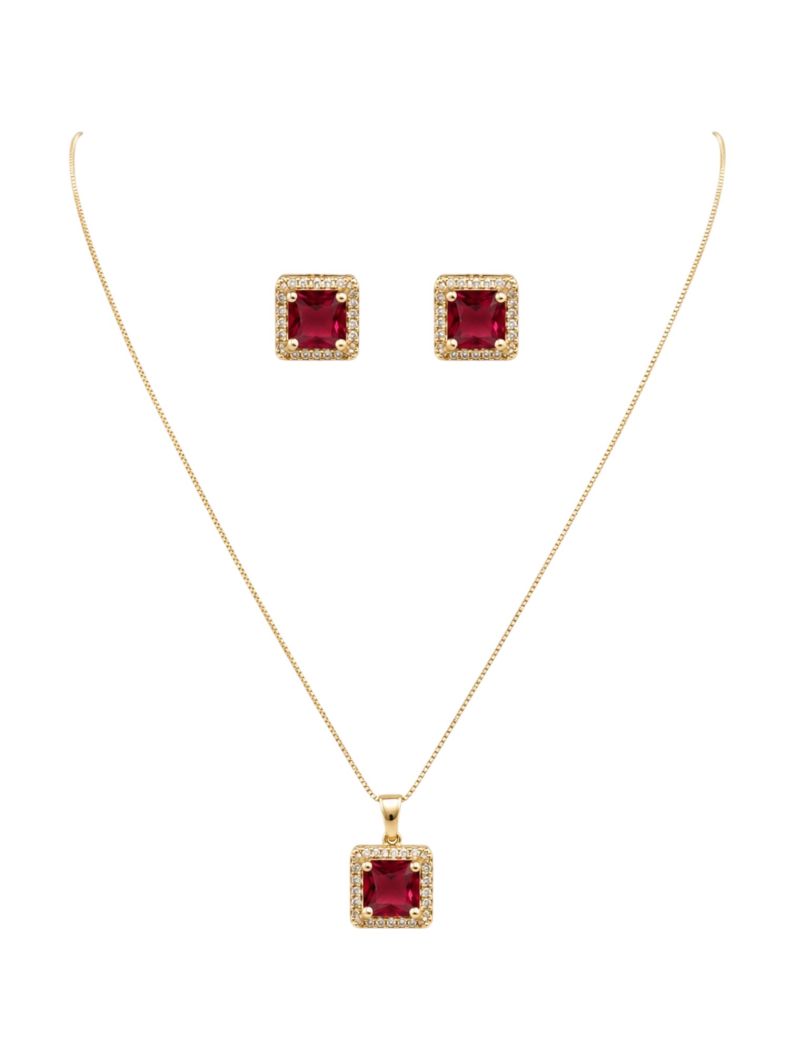 Conjunto Colar e Brinco Folheado a Ouro 18k e Prata Veneziana Com Quadrado Cristal Colorido