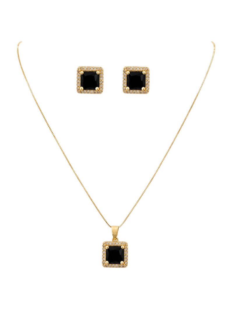 Conjunto Colar e Brinco Folheado a Ouro 18k e Prata Veneziana Com Quadrado Cristal Colorido