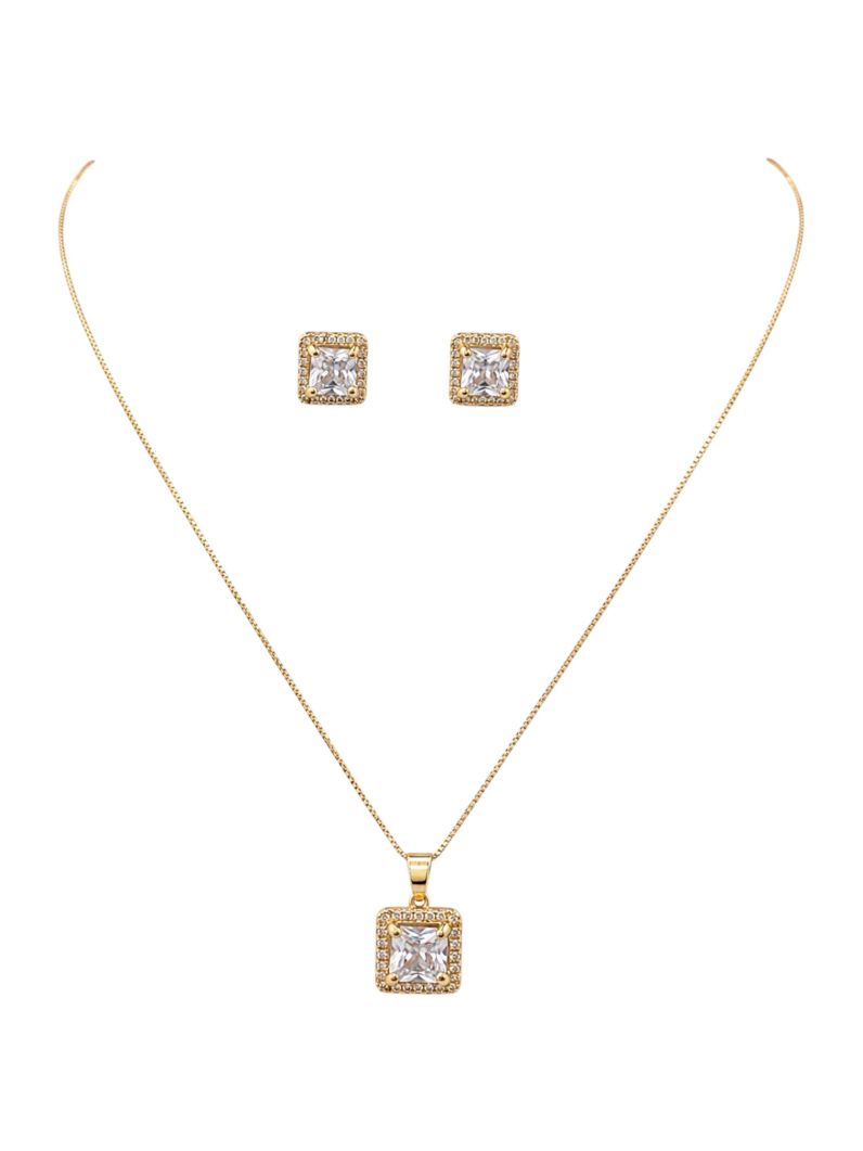 Conjunto Colar e Brinco Folheado a Ouro 18k e Prata Veneziana Com Quadrado Cristal Colorido