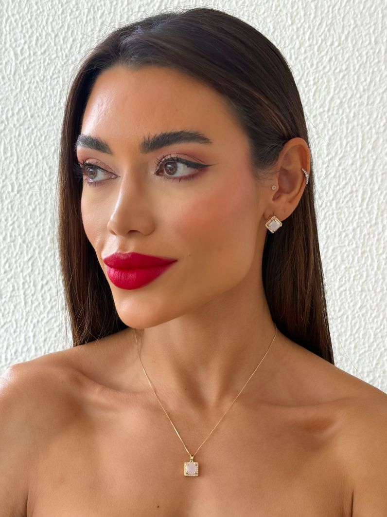 Conjunto Colar e Brinco Folheado a Ouro 18k e Prata Veneziana Com Quadrado Cristal Colorido