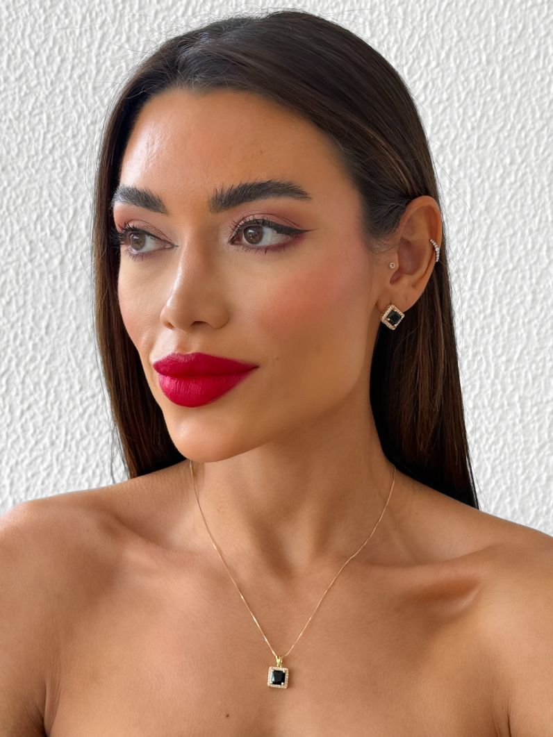 Conjunto Colar e Brinco Folheado a Ouro 18k e Prata Veneziana Com Quadrado Cristal Colorido