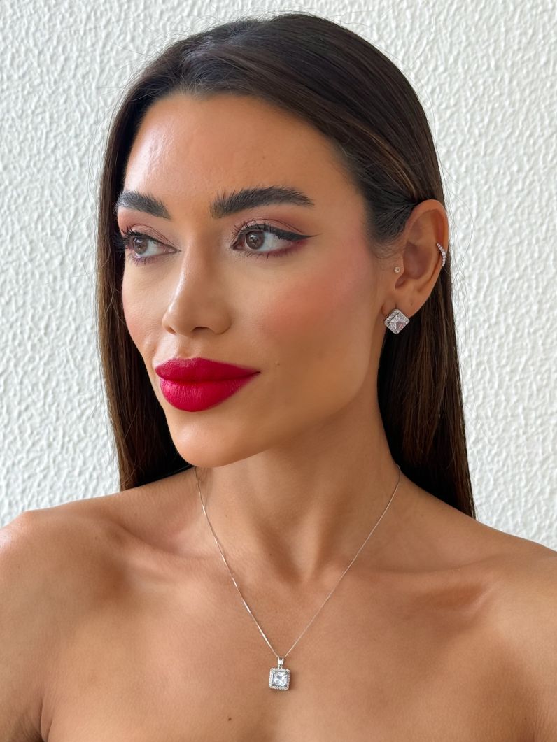 Conjunto Colar e Brinco Folheado a Ouro 18k e Prata Veneziana Com Quadrado Cristal Colorido