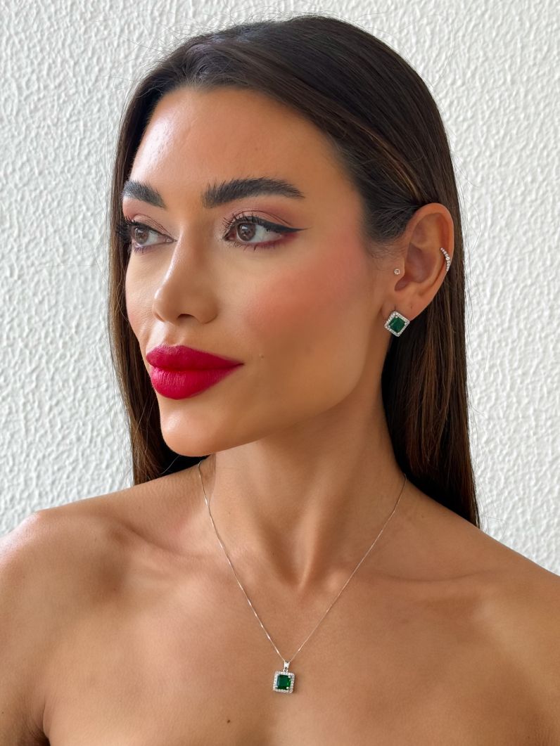 Conjunto Colar e Brinco Folheado a Ouro 18k e Prata Veneziana Com Quadrado Cristal Colorido