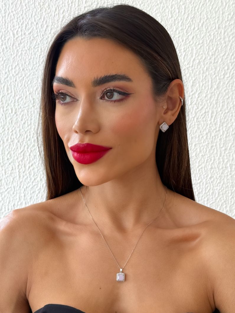 Conjunto Colar e Brinco Folheado a Ouro 18k e Prata Veneziana Com Quadrado Cristal Colorido