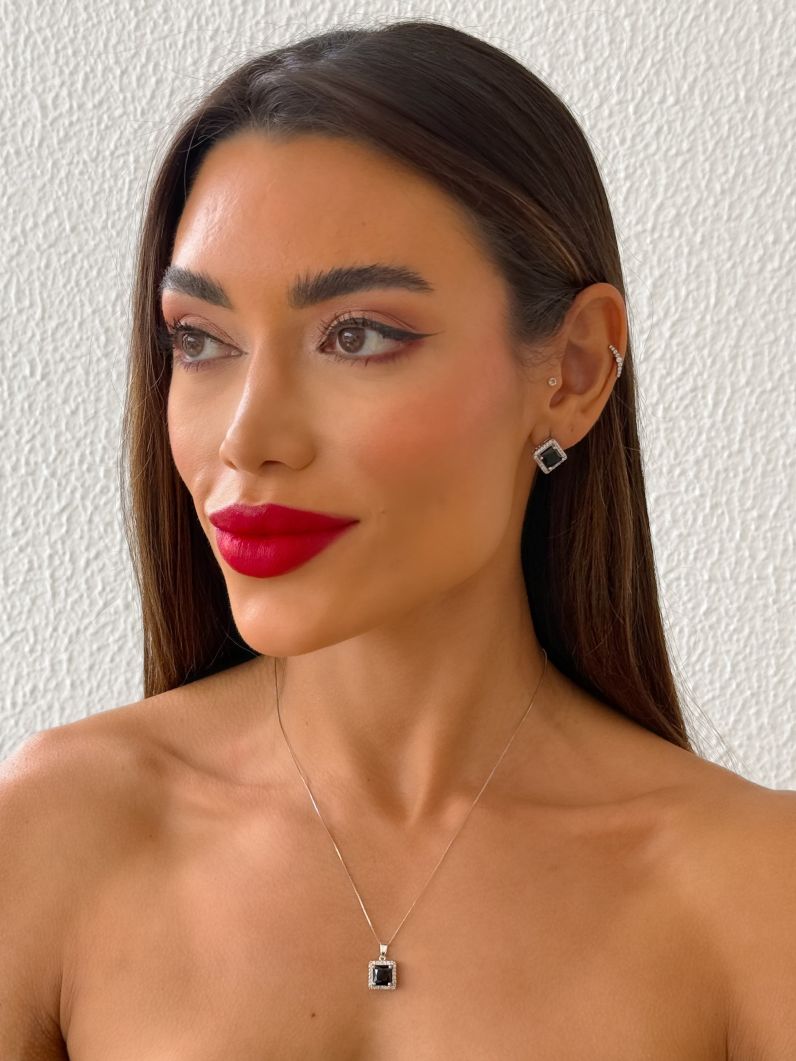 Conjunto Colar e Brinco Folheado a Ouro 18k e Prata Veneziana Com Quadrado Cristal Colorido