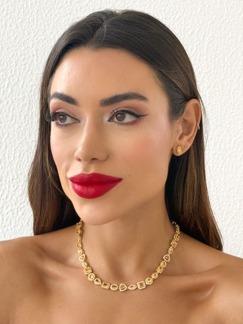 Conjunto Colar e Brinco Folheado a Ouro 18k e Prata Zirconia Quadrada