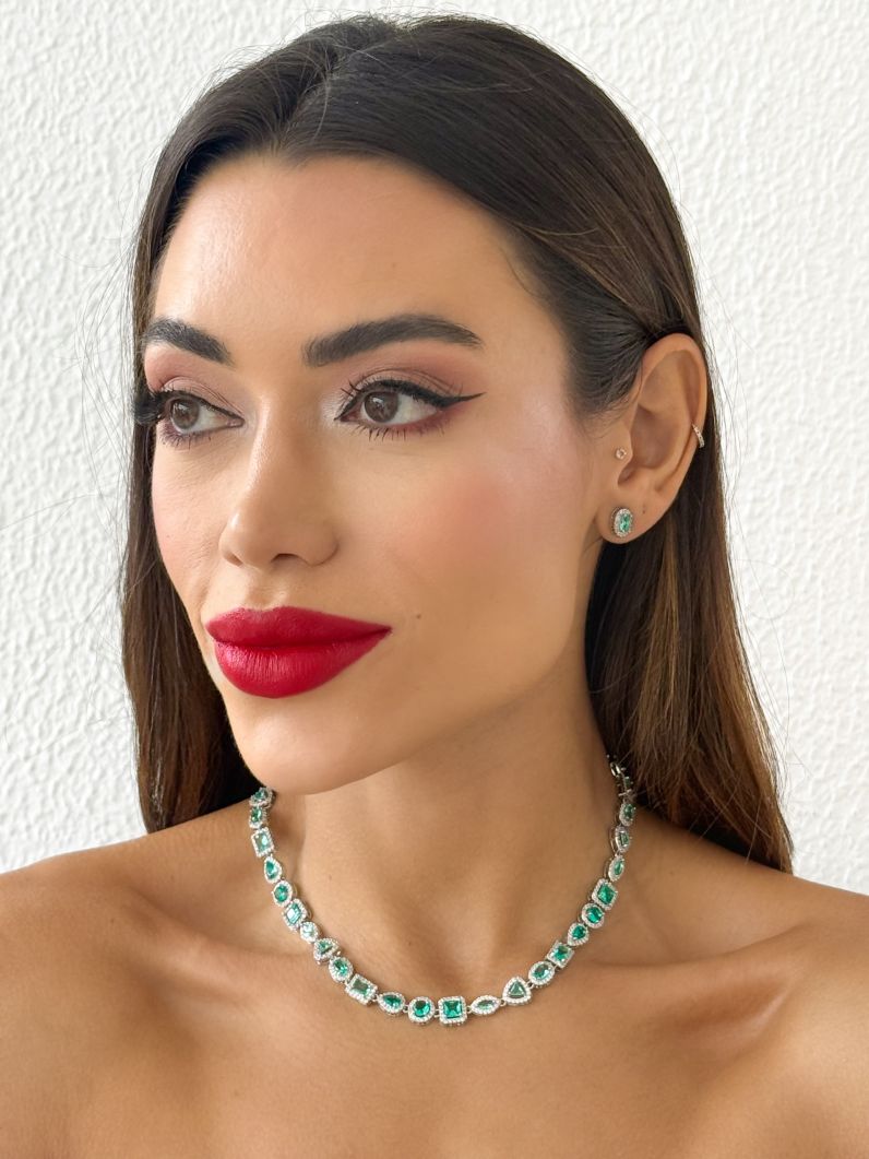 Conjunto Colar e Brinco Folheado a Ouro 18k e Prata Zirconia Quadrada