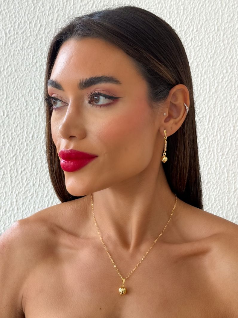 Conjunto Colar e Brinco Folheado a Ouro 18k Esfera Lisas e Cordão Cravejado