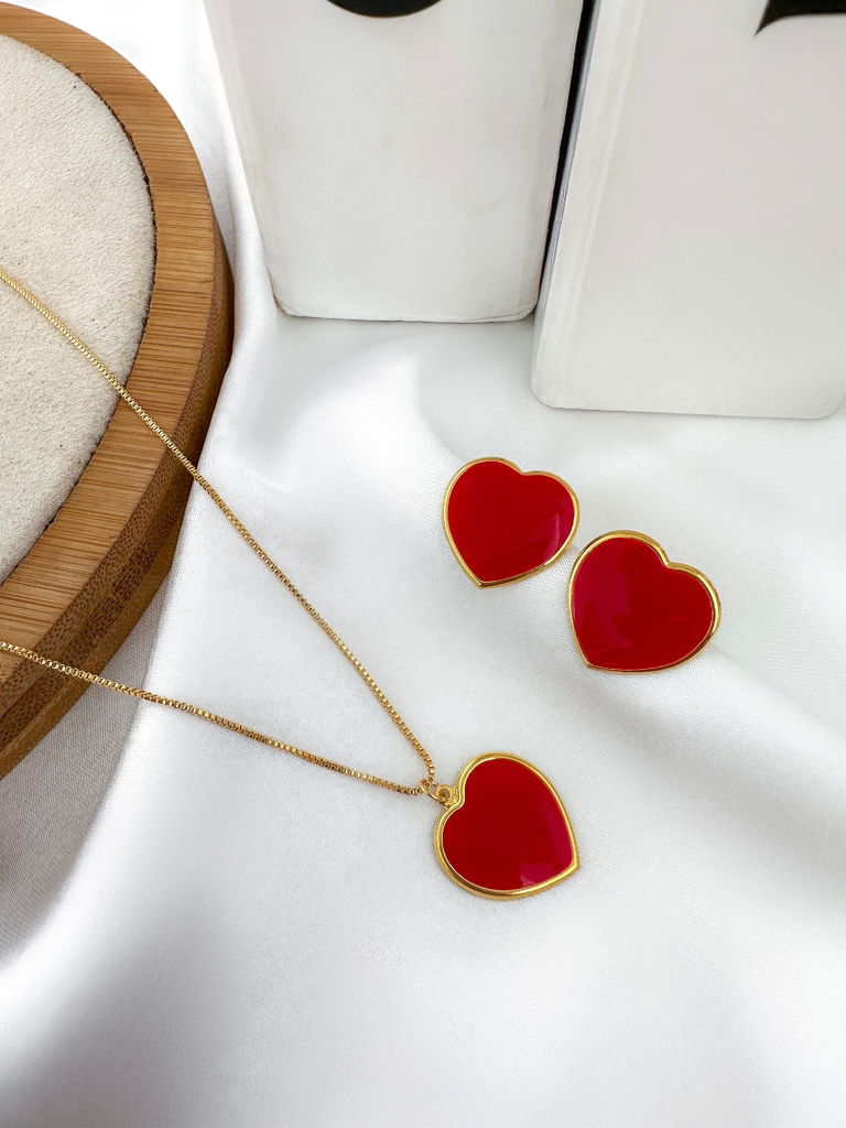 Conjunto colar e brinco folheado a ouro 18k esmaltado colorido