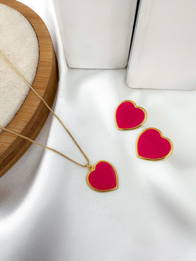 Conjunto colar e brinco folheado a ouro 18k esmaltado colorido