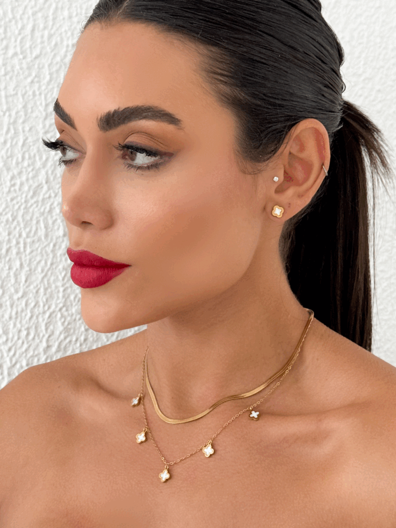 Conjunto Colar e Brinco Folheado a Ouro 18k Fita Laminada Inspiração, Aço inoxidável