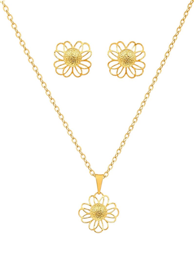 Conjunto Colar e Brinco Folheado a Ouro 18k Flor Com Esfera Cental