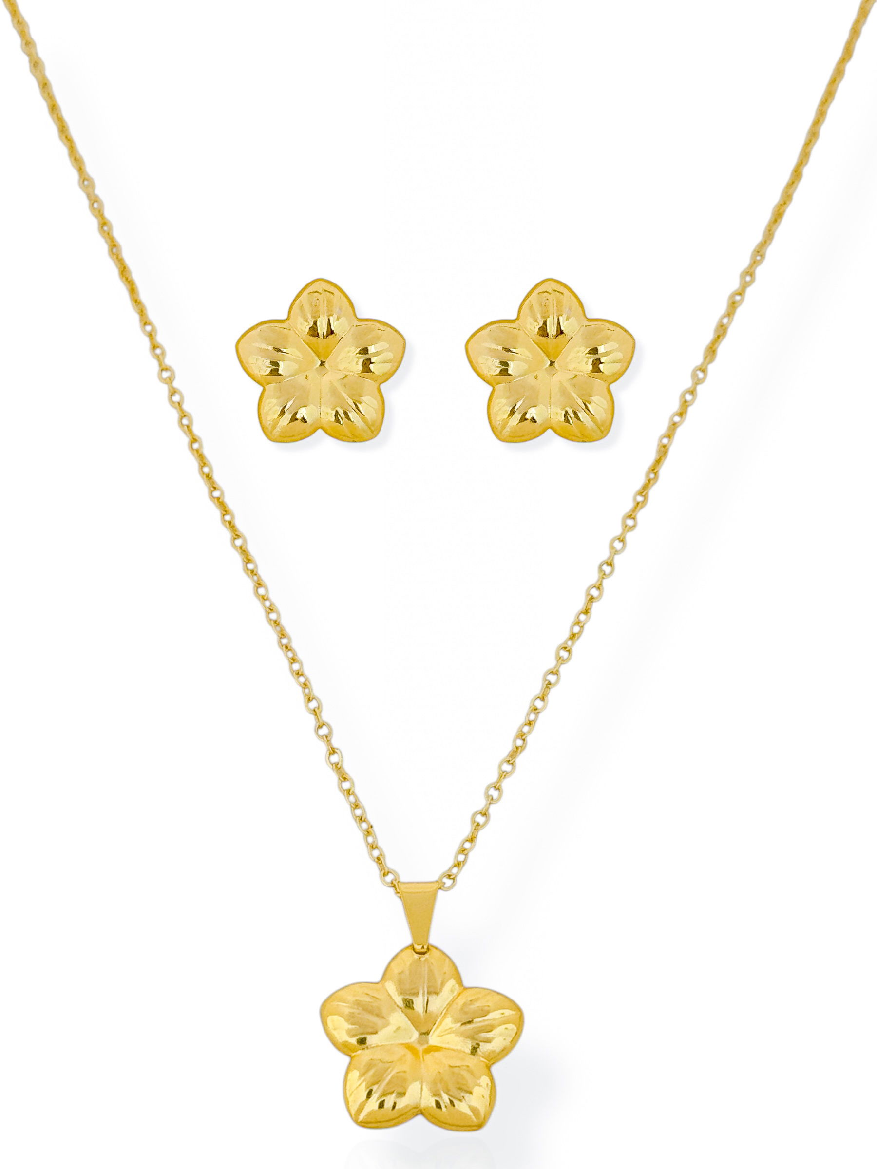 Conjunto Colar e Brinco Folheado a Ouro 18k Flor Desenhada