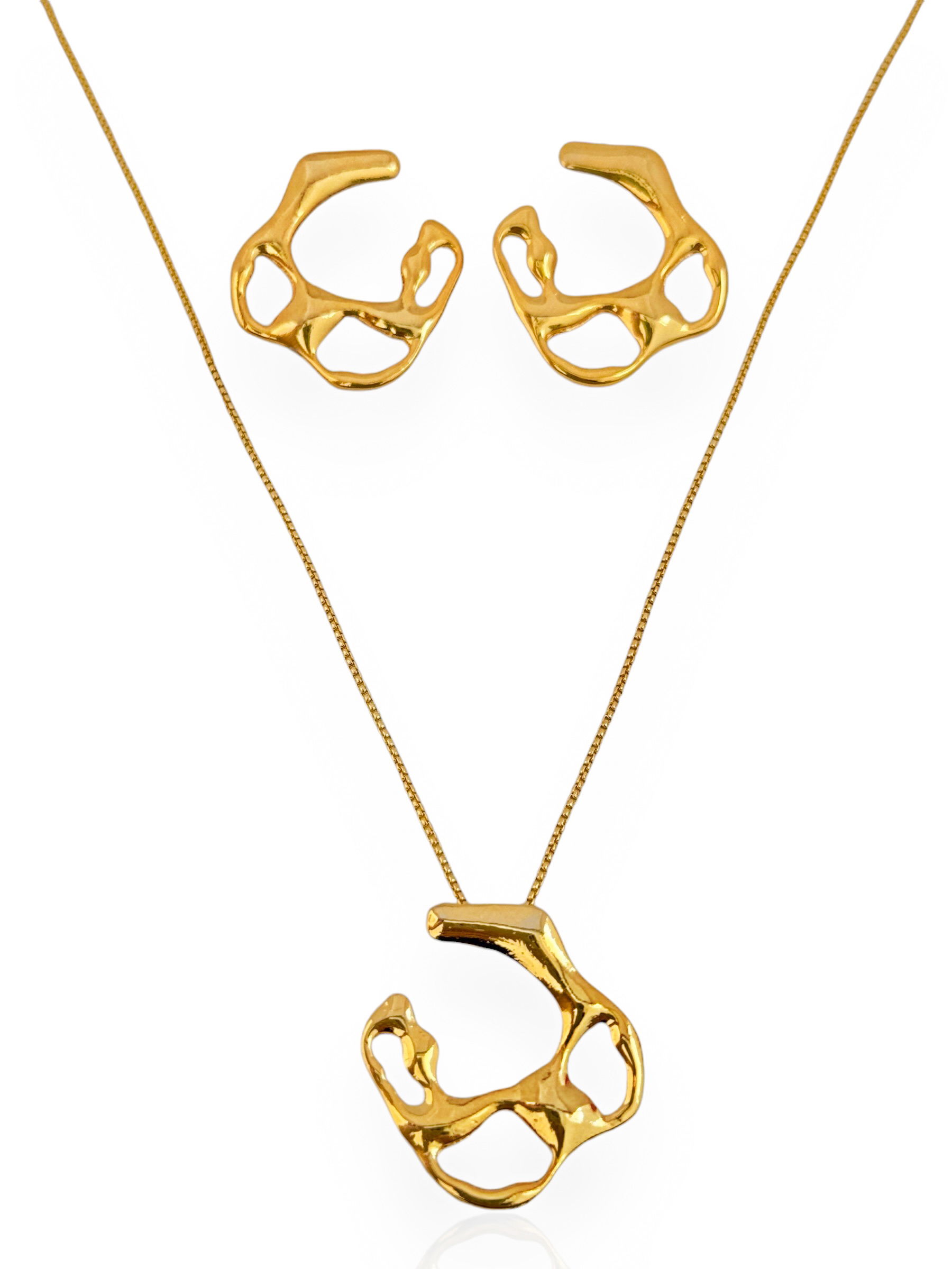 Conjunto colar e brinco folheado a ouro 18k flor orgânico martelado