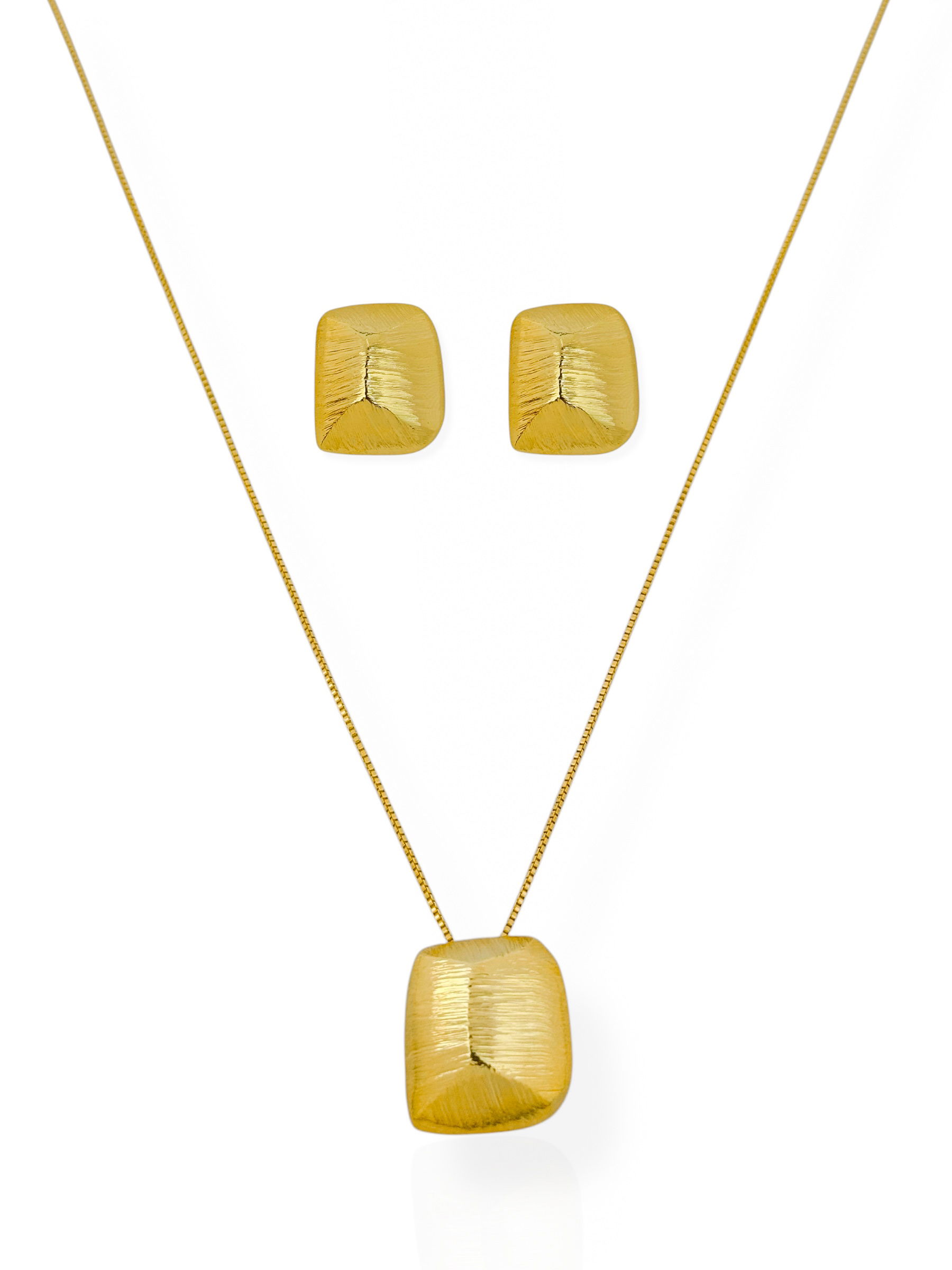 Conjunto Colar e Brinco Folheado a Ouro 18k Formato Quadrado Escovado