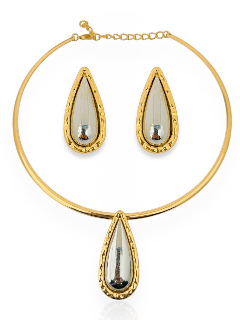 Conjunto Colar e Brinco Folheado a Ouro 18k Gota Alongada com Borda Martelada