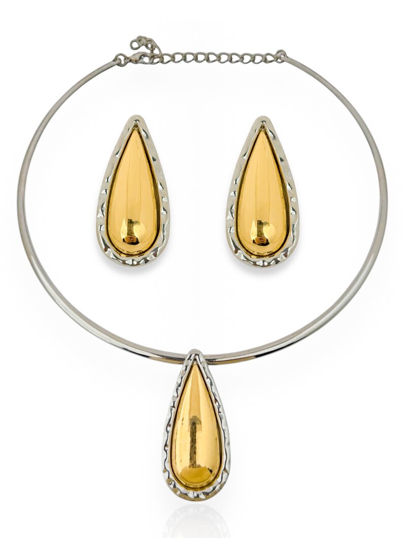Conjunto Colar e Brinco Folheado a Ouro 18k Gota Alongada com Borda Martelada