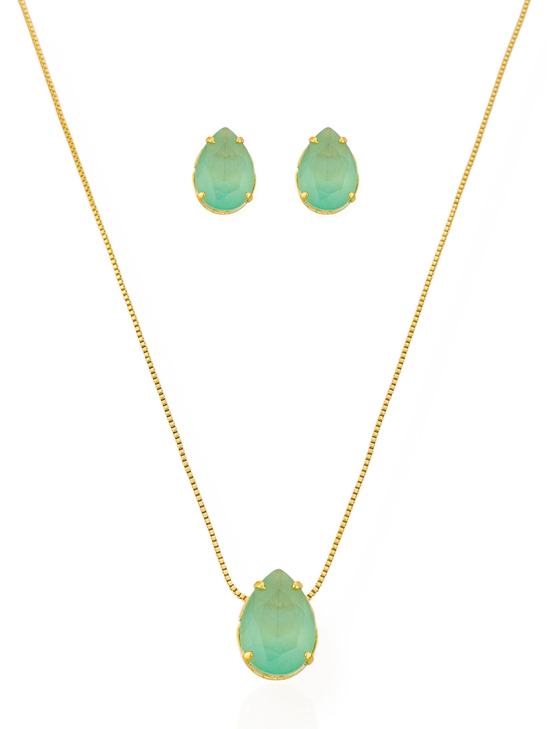 Conjunto Colar e Brinco Folheado a Ouro 18k Gota Cristal