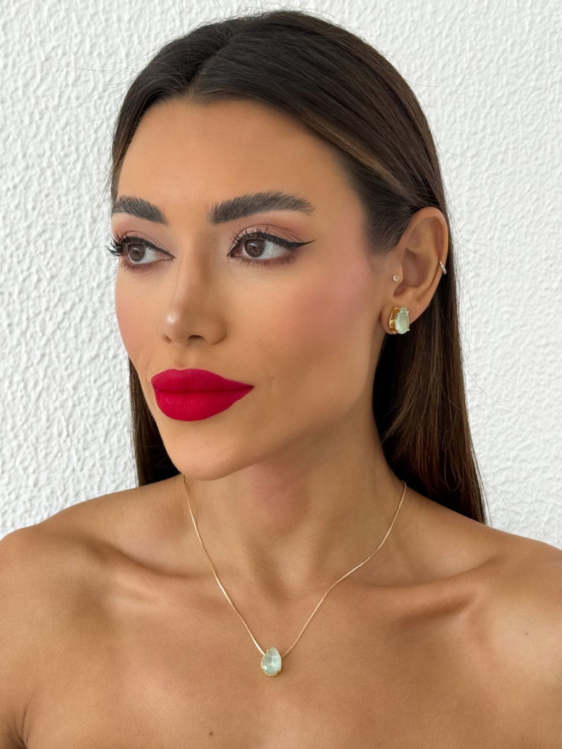 Conjunto Colar e Brinco Folheado a Ouro 18k Gota Cristal