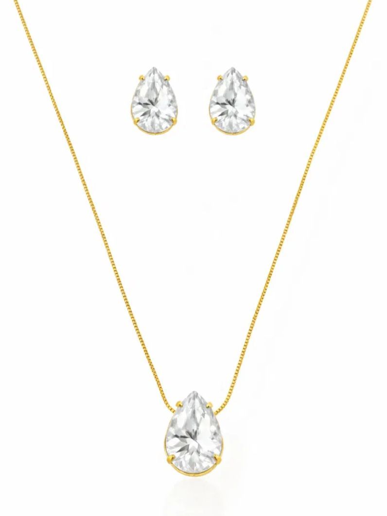 Conjunto Colar e Brinco Folheado a Ouro 18k Gota Cristal
