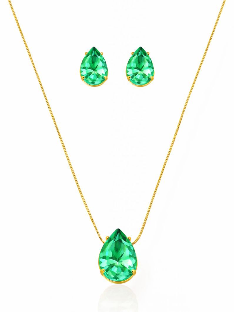 Conjunto Colar e Brinco Folheado a Ouro 18k Gota Cristal