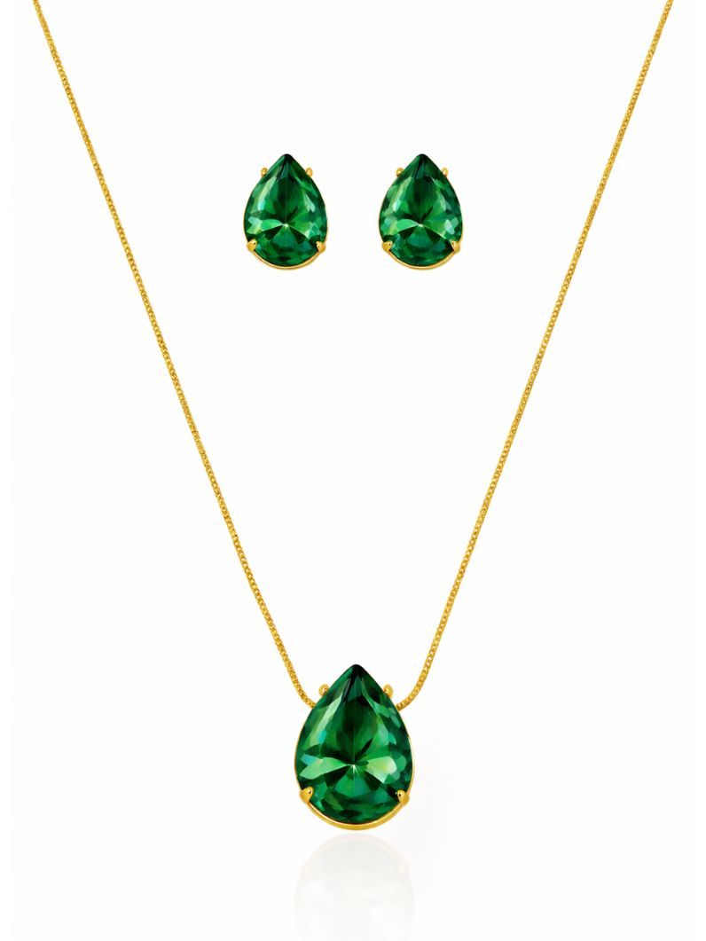 Conjunto Colar e Brinco Folheado a Ouro 18k Gota Cristal