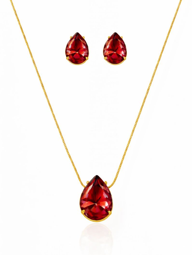Conjunto Colar e Brinco Folheado a Ouro 18k Gota Cristal