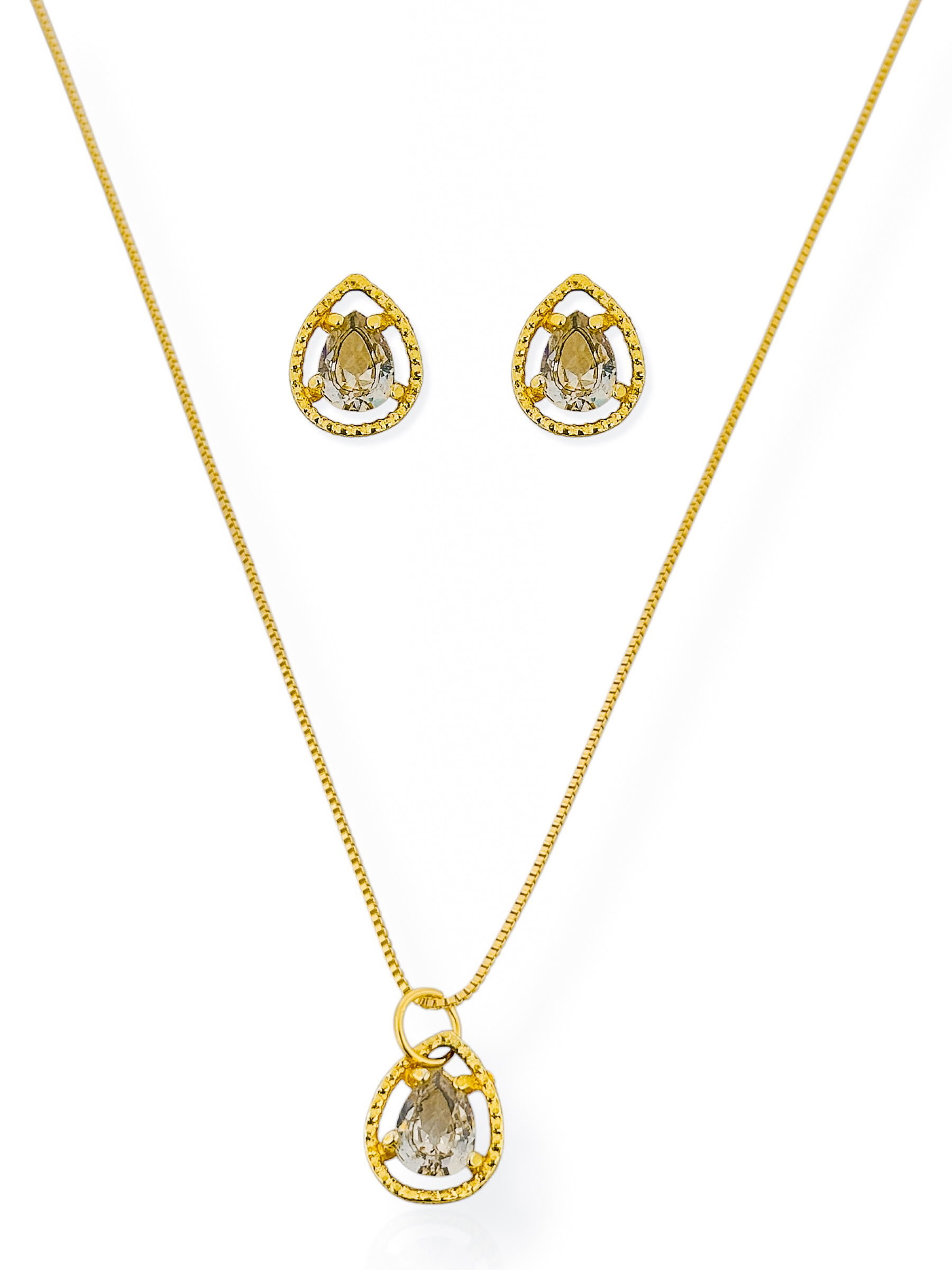 Conjunto Colar e Brinco Folheado a Ouro 18k Gota Com Cristal