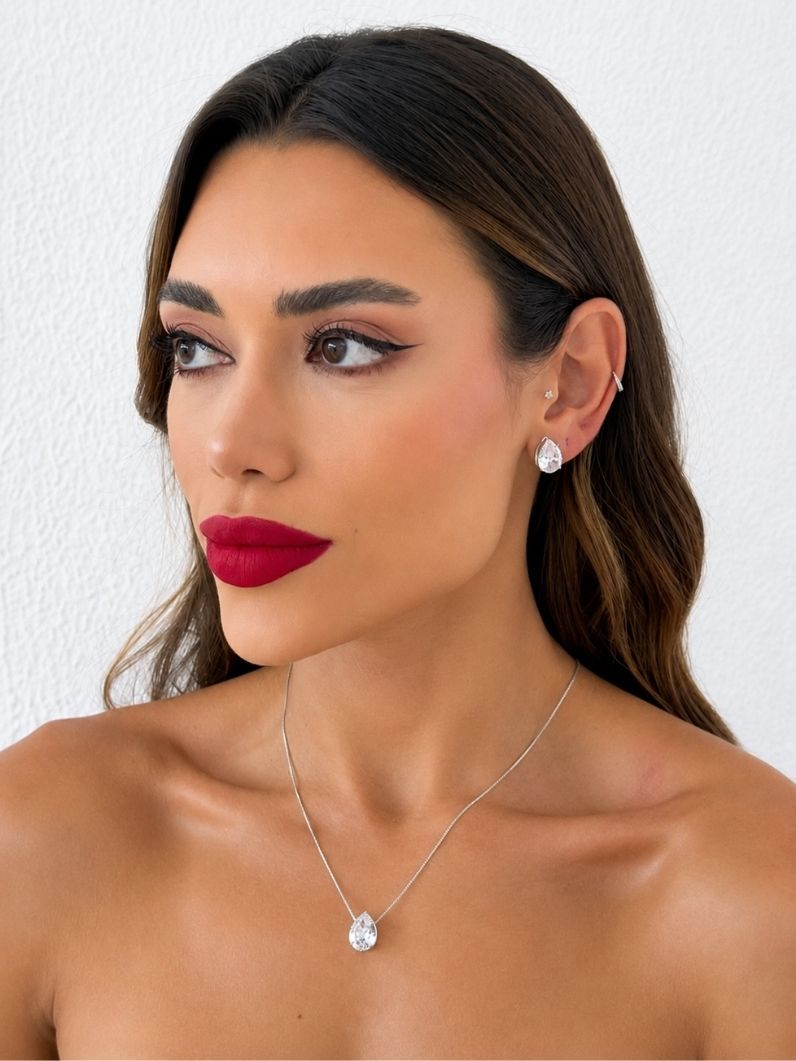 Conjunto Colar e Brinco Folheado a Ouro 18k Gota Cristal