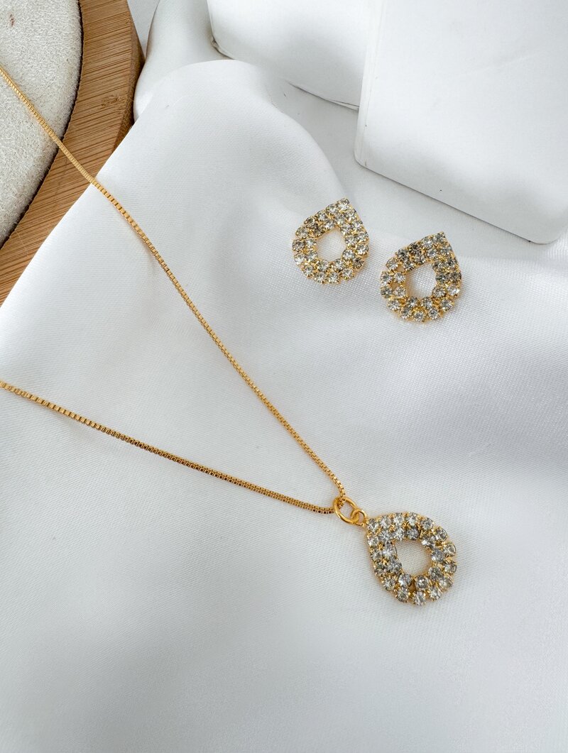 Conjunto Colar e Brinco Folheado a Ouro 18k Gota de Micro Zircônia