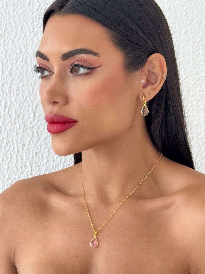 Conjunto Colar e Brinco Folheado a Ouro 18k Gotas de Cristais Coloridos