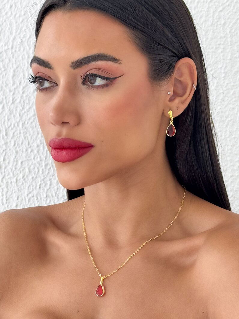 Conjunto Colar e Brinco Folheado a Ouro 18k Gotas de Cristais Coloridos