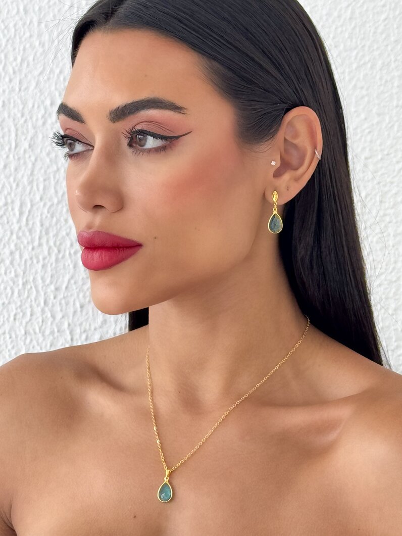 Conjunto Colar e Brinco Folheado a Ouro 18k Gotas de Cristais Coloridos