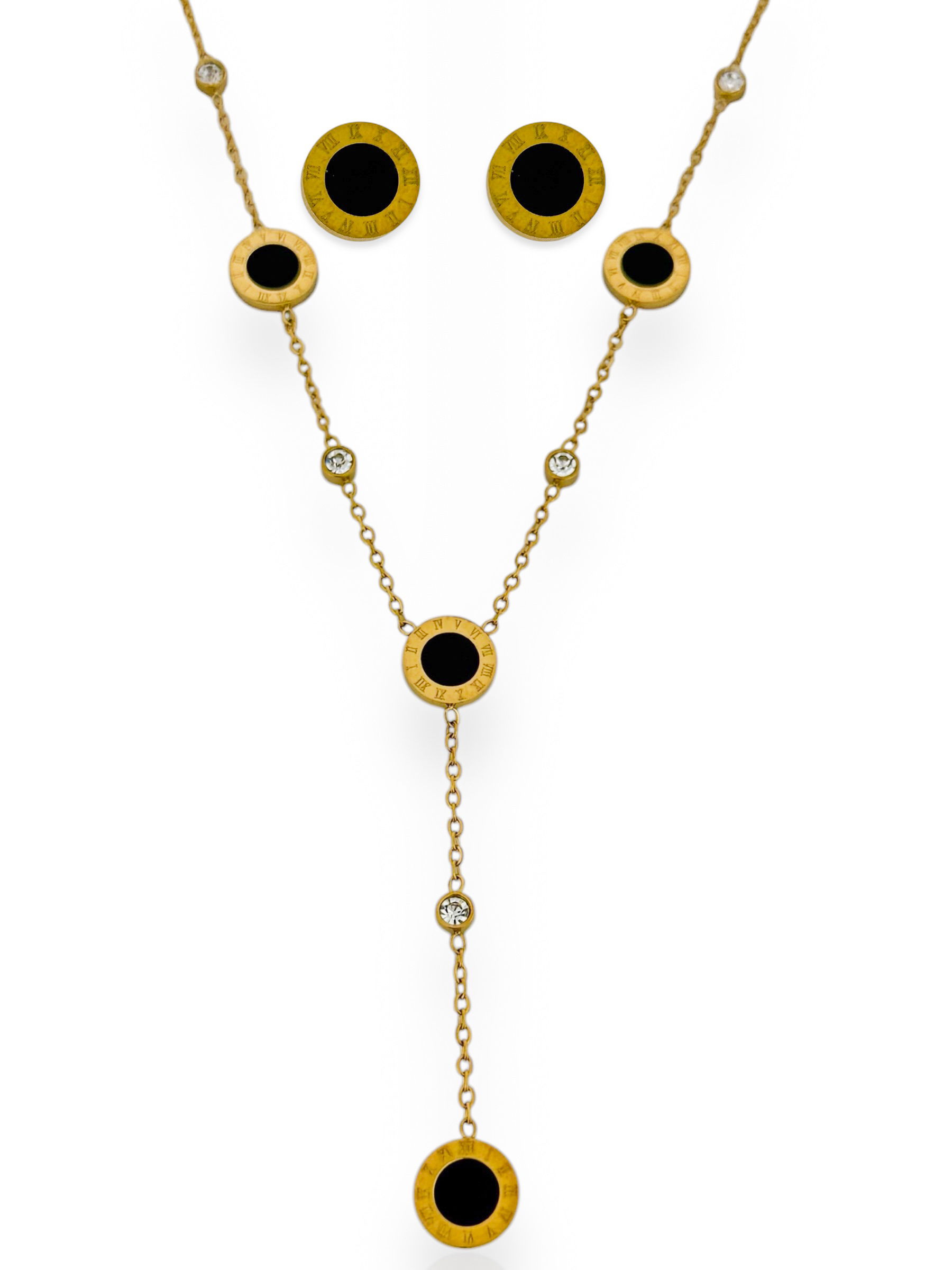 Conjunto Colar e Brinco Folheado a Ouro 18k Inspiração a Grandes Marcas Redondo