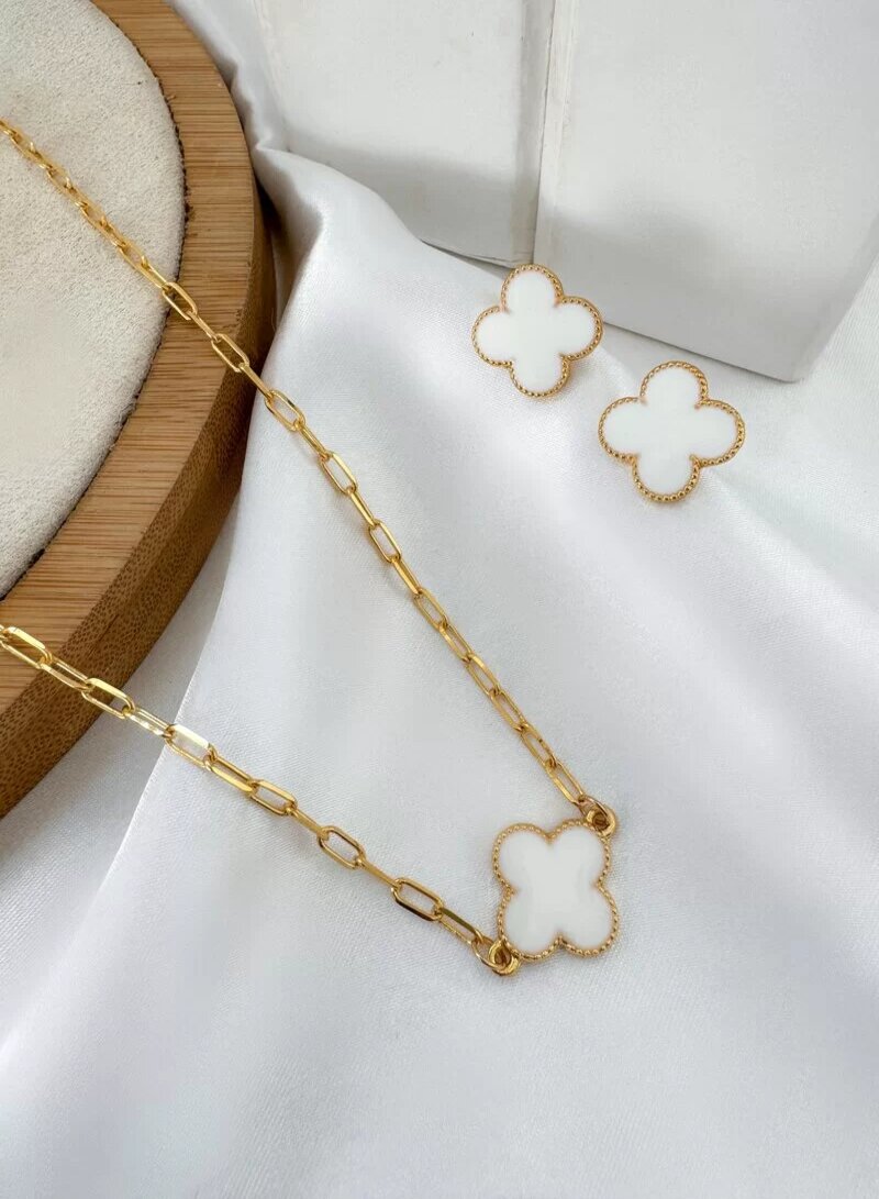 Conjunto Colar e Brinco Folheado a Ouro 18k Inspiração Joalheria