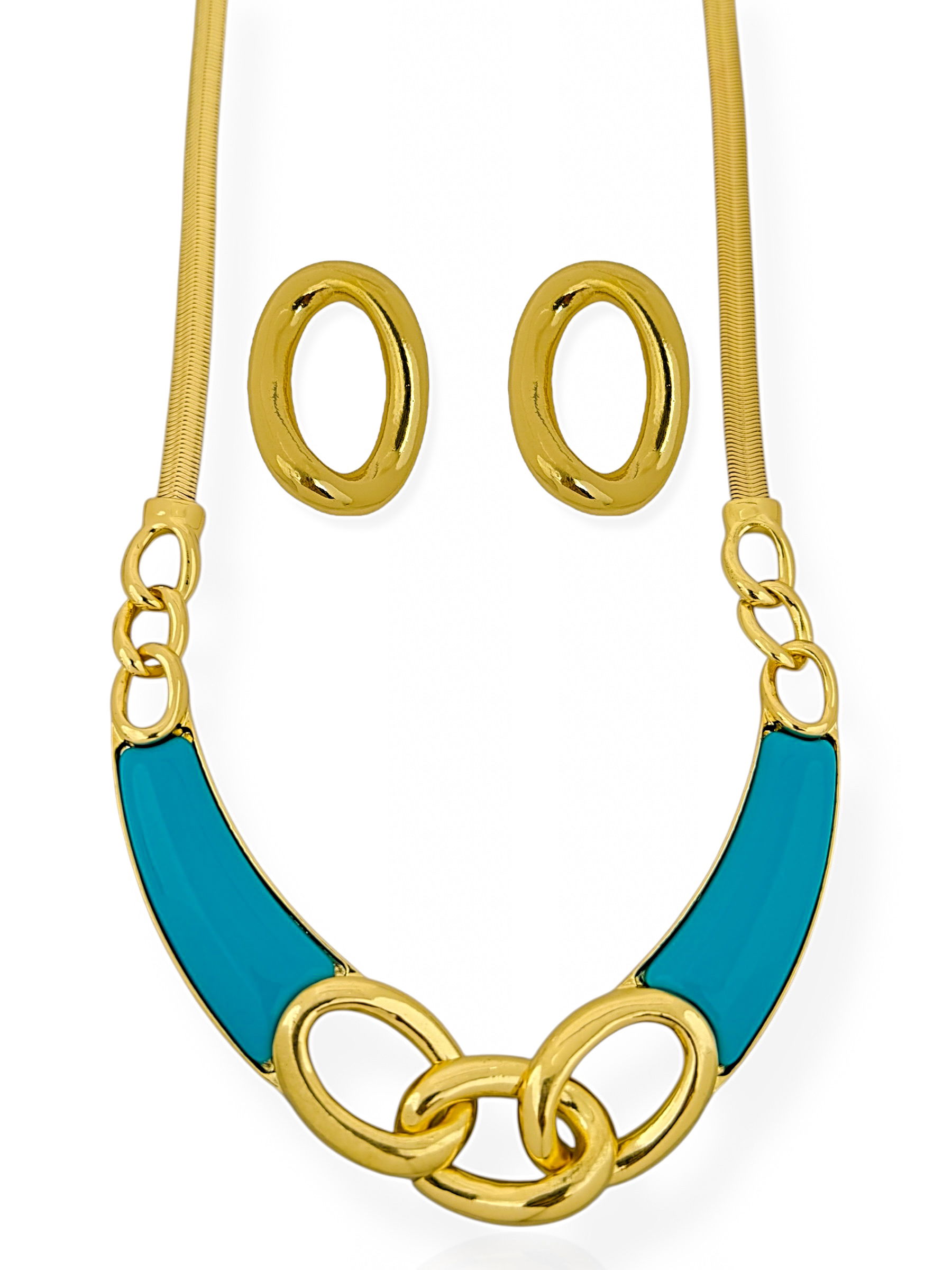 Conjunto Colar e Brinco Folheado a Ouro 18k Maxi Com Fita e Resina