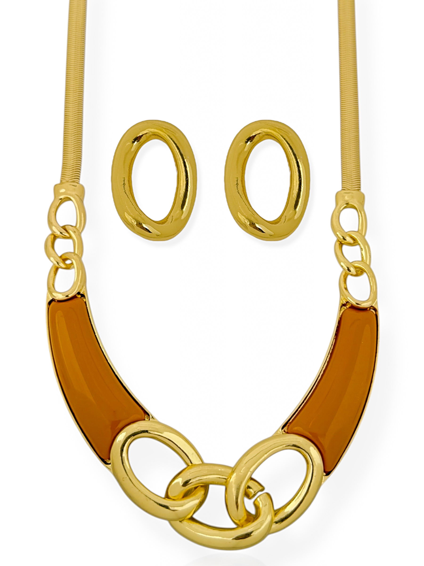 Conjunto Colar e Brinco Folheado a Ouro 18k Maxi Com Fita e Resina