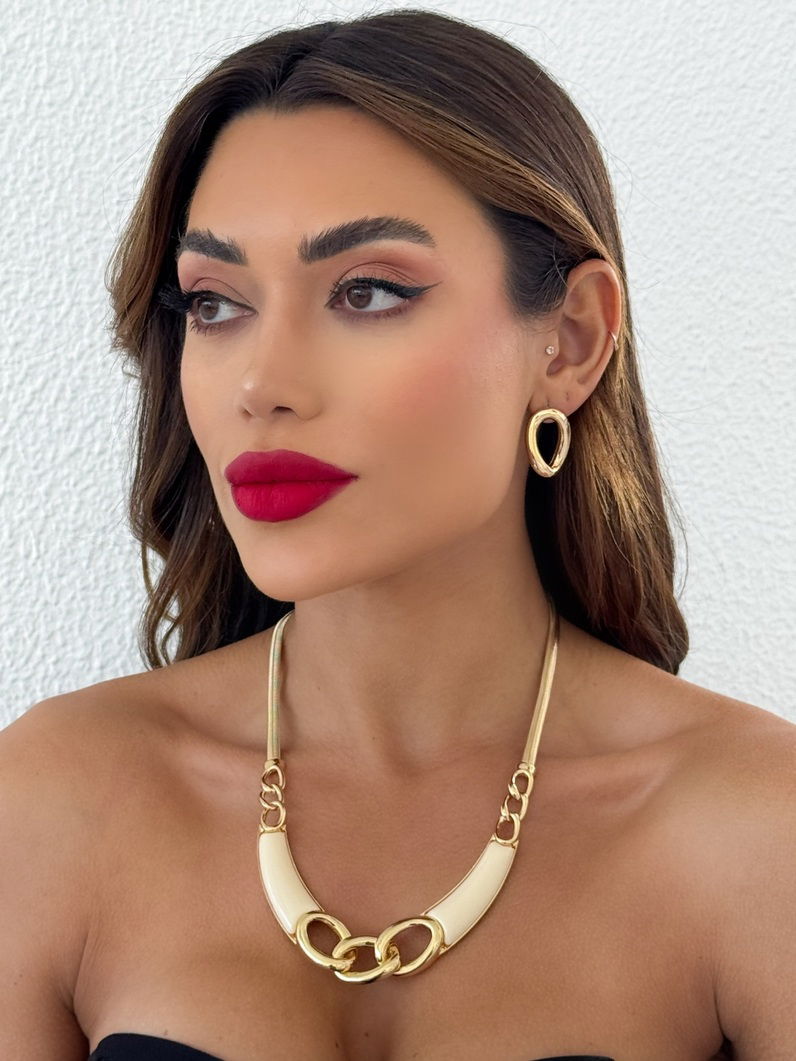 Conjunto Colar e Brinco Folheado a Ouro 18k Maxi Com Fita e Resina