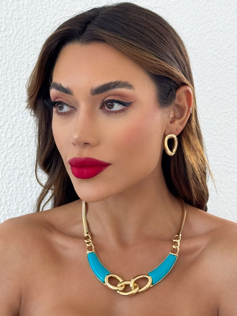 Conjunto Colar e Brinco Folheado a Ouro 18k Maxi Com Fita e Resina