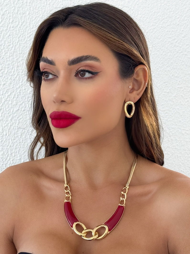 Conjunto Colar e Brinco Folheado a Ouro 18k Maxi Com Fita e Resina